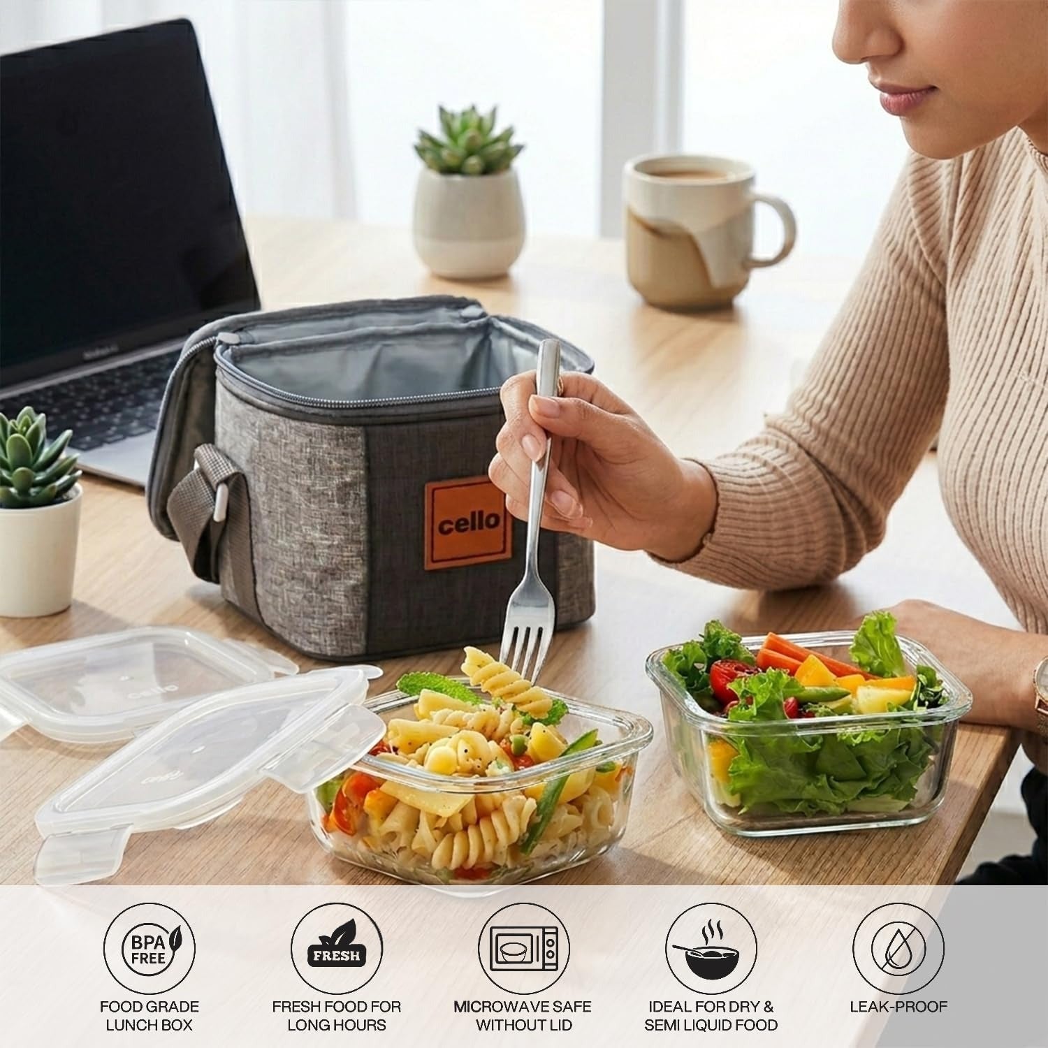 CELLO Glassy Square Lunch Box Set of 2 Pcs (320ml x 2) with Jacket