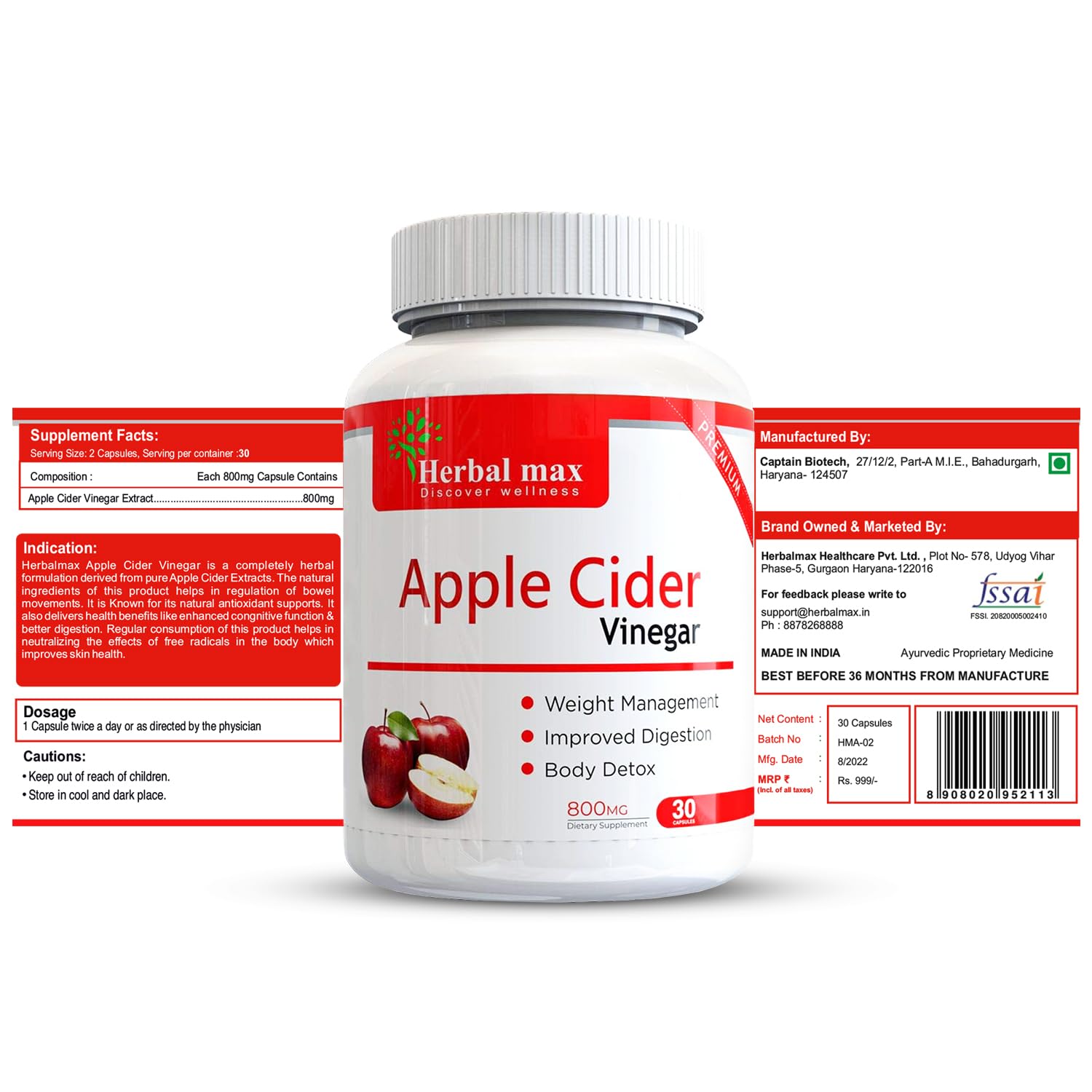 Herbal Max Organics Apple Cider Vinegar â€“ 30 Veg Capsules (800mg) | With The Mother | Natural Detox, Digestion, Weight Management & Gut Health Support