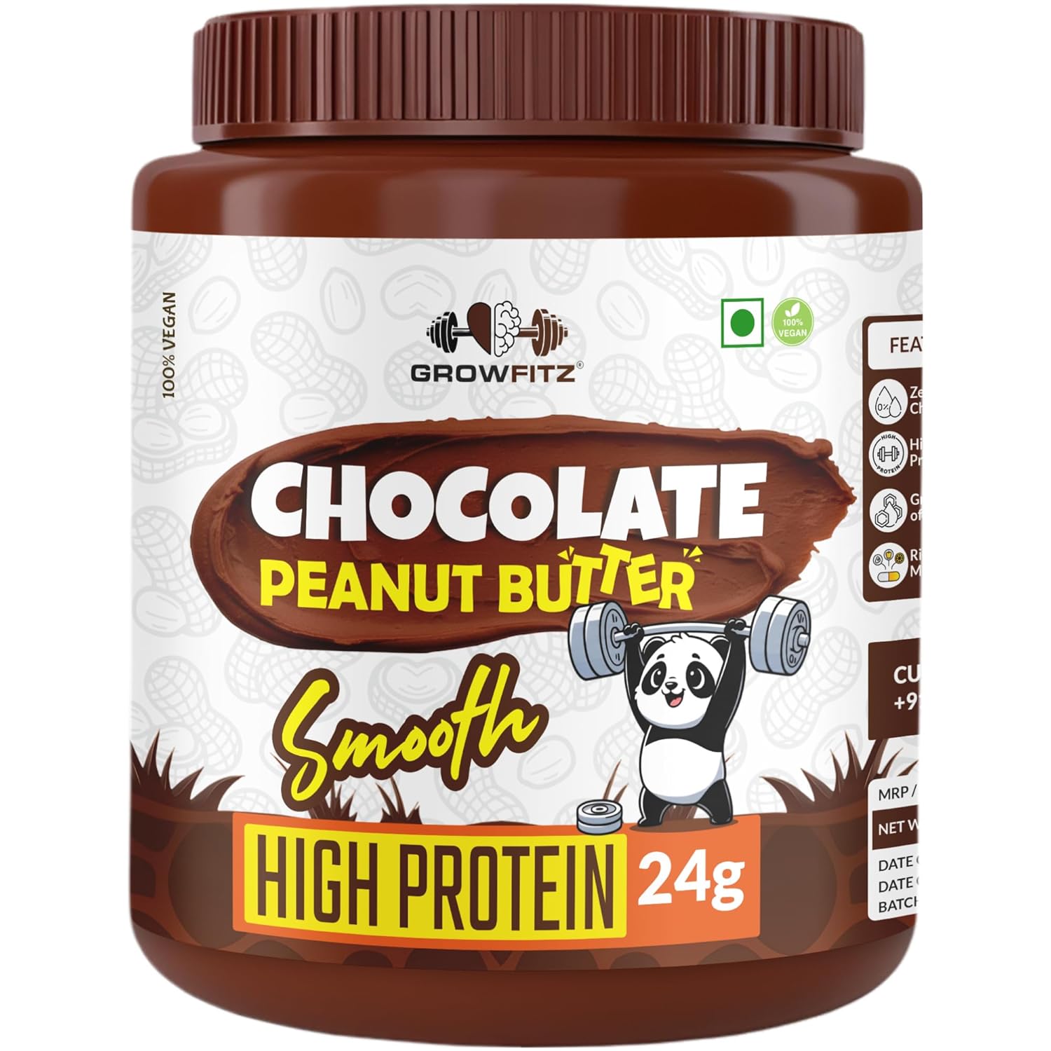 Growfitz Peanut Butter Chocolate Smooth 800g | 24g High Protein Peanut Butter | 7g Fiber | Tasty & Healthy Nut Butter Spread for Breakfast & Snacks | Roasted Peanuts | Zero Sugar (Pack of 1)