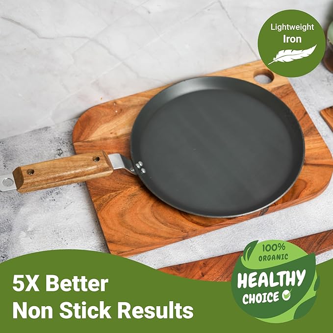 Femora 9.8 Inchs Iron Flat Tawa With Wooden Handle | Tawa for Roti