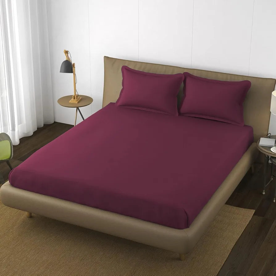 Trance Home Linen 100% Cotton 78x72 inch King Elastic Fitted Bedsheet | 400TC Soft Durable Plain with 2 Pillow Covers Colour Deep Wine