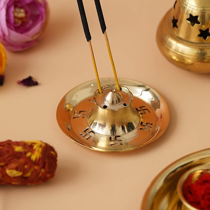 Ecraftindia Golden Brass Agarbatti Stand for Pooja | Incense Stick Holder With Ash Catcher | Agarbatti Holder | Incense Holder