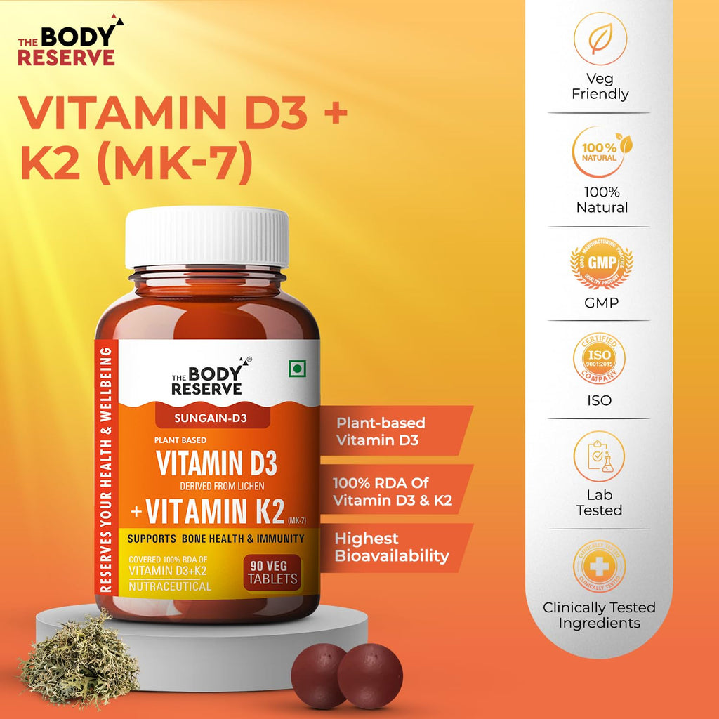 The Body Reserve Vitamin D3 K2 MK7-90 Veg Tablets, 100% RDA Plant-Based Vitamin D3 Supplement from Lichen Source with Vitamin K2 as MK7 Menaquinone