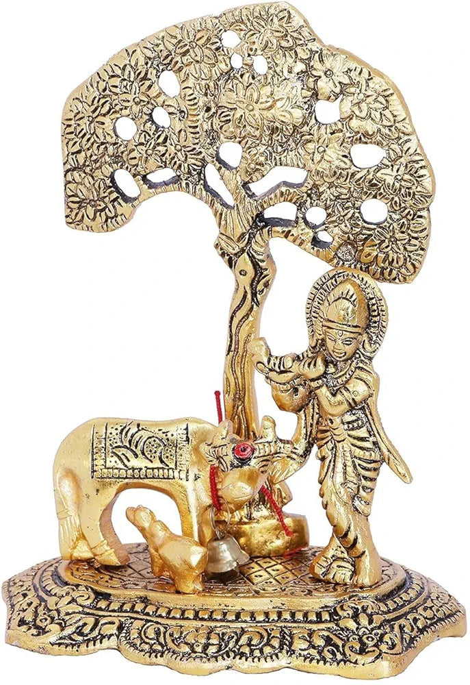 Chhariya Crafts Metal Krishna With Kamdhenu Cow Standing Under Tree Plying Flute