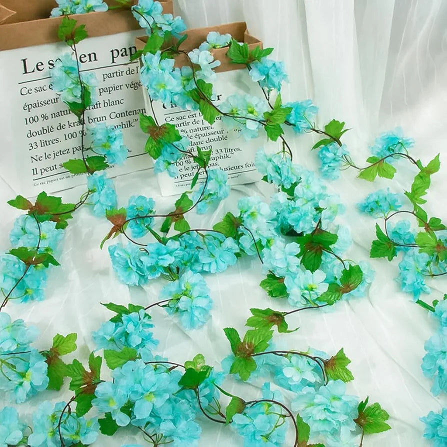 Artificial Cherry Blossom Rattan Flowers Vine Sky Blue