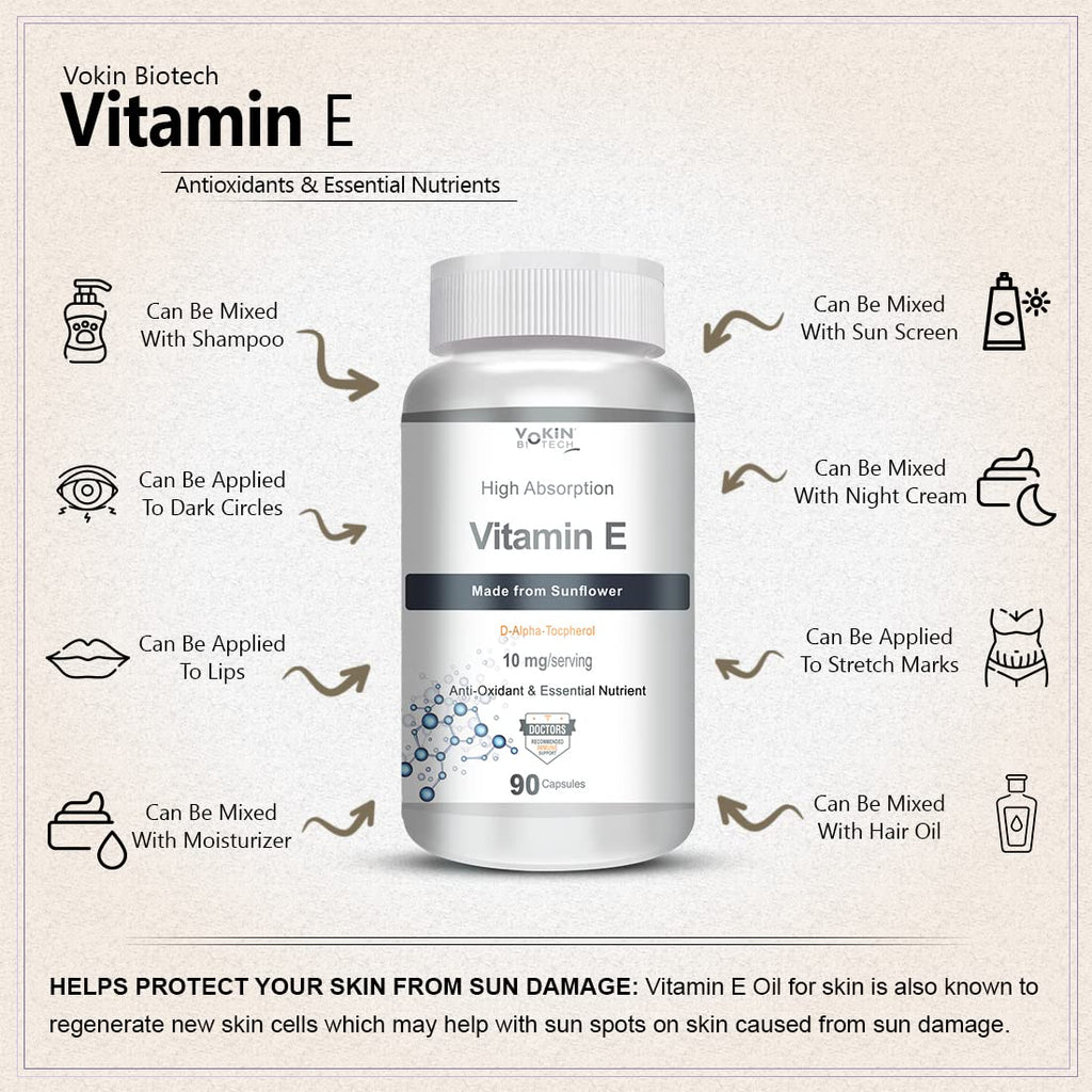 Vokin Biotech Natural Vitamin E from Sunflower - D-Alpha-Tocpherol - 10mg - 90 Capsules