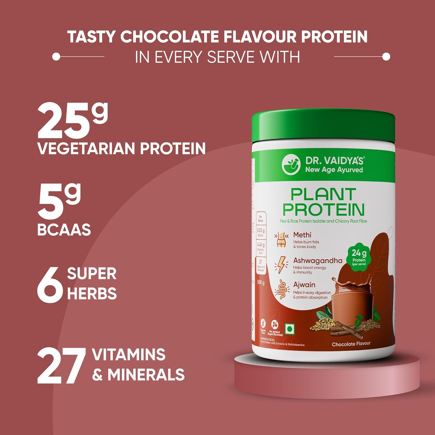 Dr. Vaidyaâ€™s Plant Protein Powder | Ayurvedic Pea Protein with Ashwagandha, Methi & Ajwain | 25g Protein per Serving | Muscle Gain, Energy & Weight Loss | 500g Chocolate Flavour