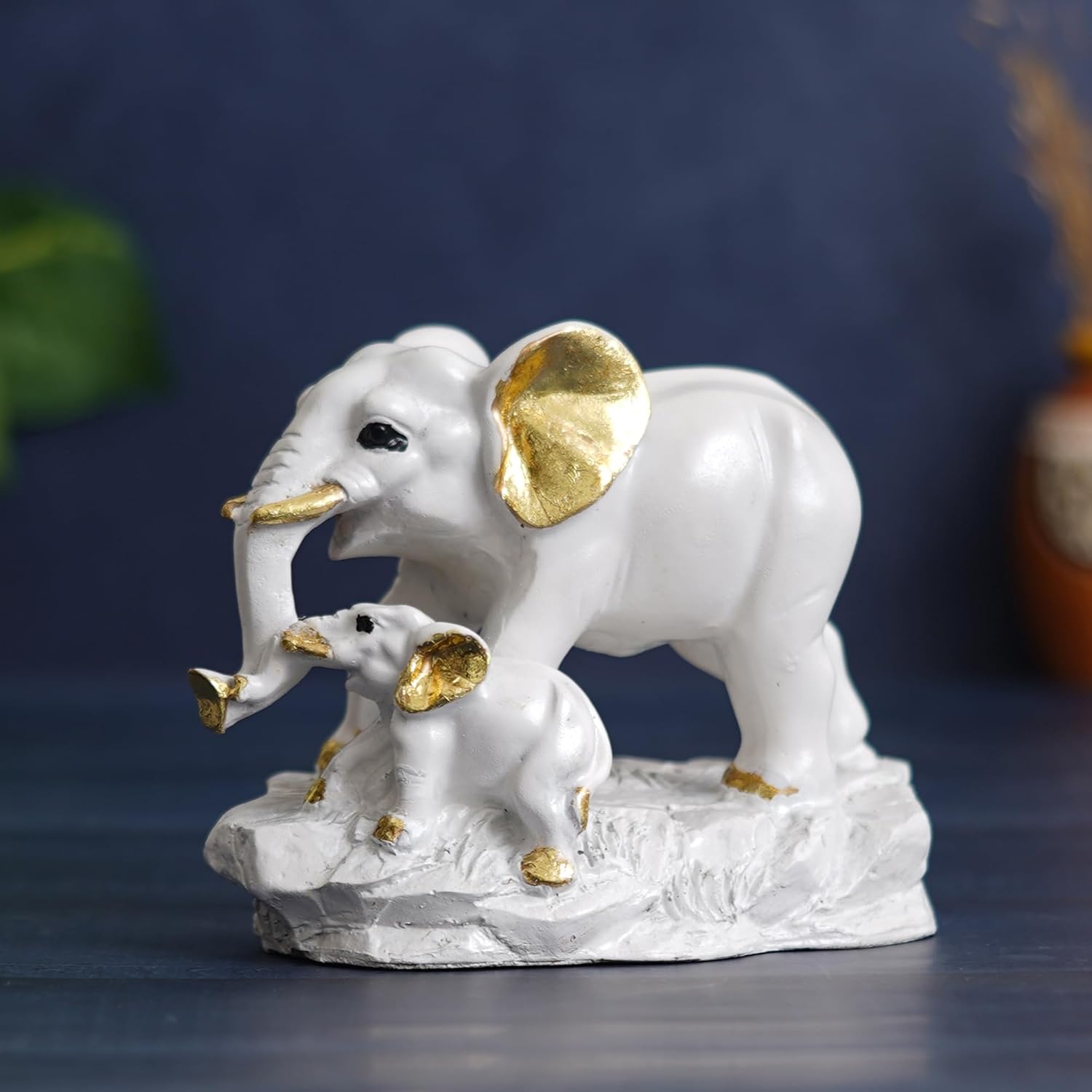 Ecraftindia White Golden Cute Elephant With Baby Elephant Statues Animal Figurines Decorative Showpieces