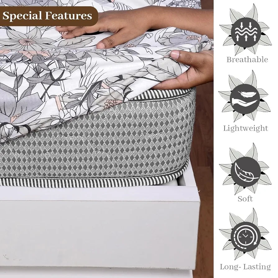 Divine Casa Cotton Classic Floral Bedsheet for Double Bed Elastic Fitted with 2 Pillow Covers  Griffin 144 Tc Colour Peach Nectar