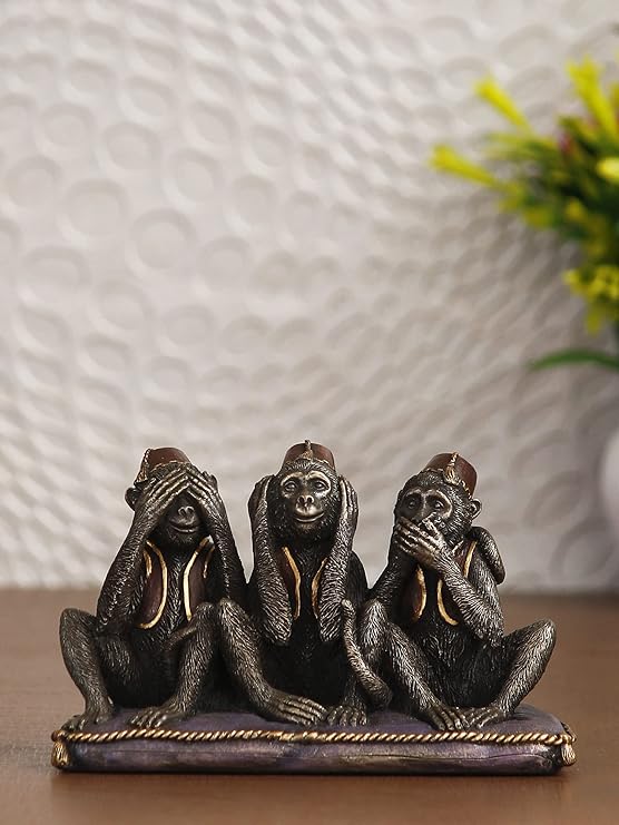 Ecraftindia Handcrafted Polyresin and Bronze Set of 3 Wise Monkeys Statues Animal Figurines Decorative Showpiece