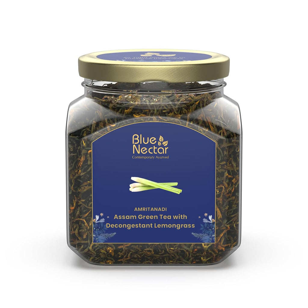 Blue Nectar Decongestant Lemongrass Green Tea Loose Leaves, Sourced from Assam Tea Garden | Eco Friendly Glass Jars with Green Tea Infuser (65g)