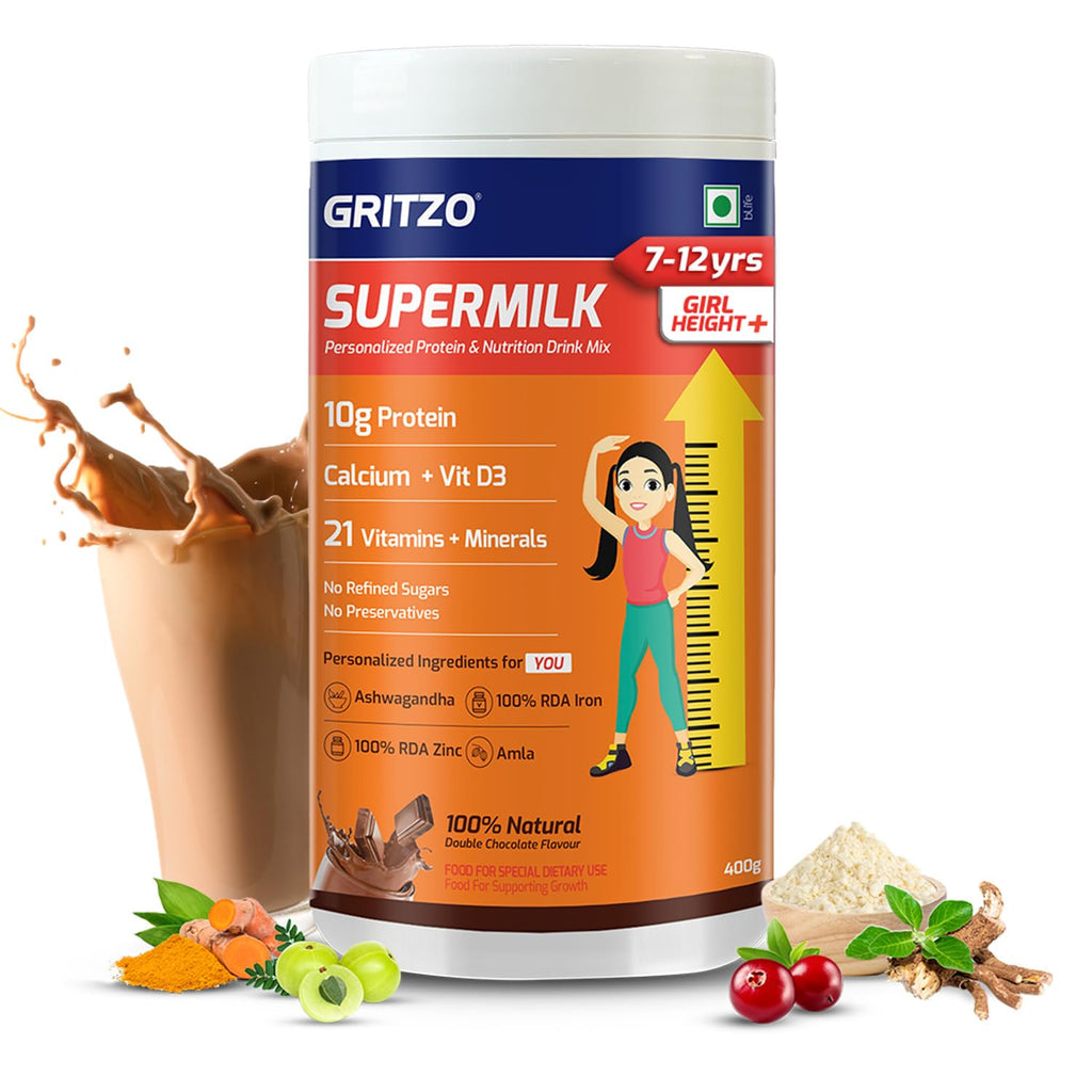 Gritzo SuperMilk Height+ (7-12y Girls), 10g Protein Powder (Double Chocolate, 400g) | Zero Refined Sugar, 21 Vitamins & Minerals