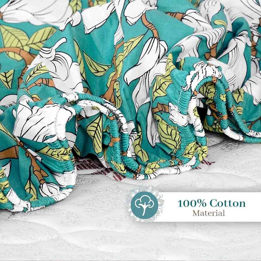 Divine Casa 144 TC Cotton Floral Print Queen Size Fitted Bedsheet with 2 Pillow Covers Elastic & Comfortable Bedding Colour Aspen Green