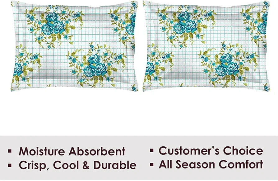Layers California Bedsheet Set for All Seasons Lightweight, Moisture Absorbent 225 CVC King Size White & Blue Floral Pattern
