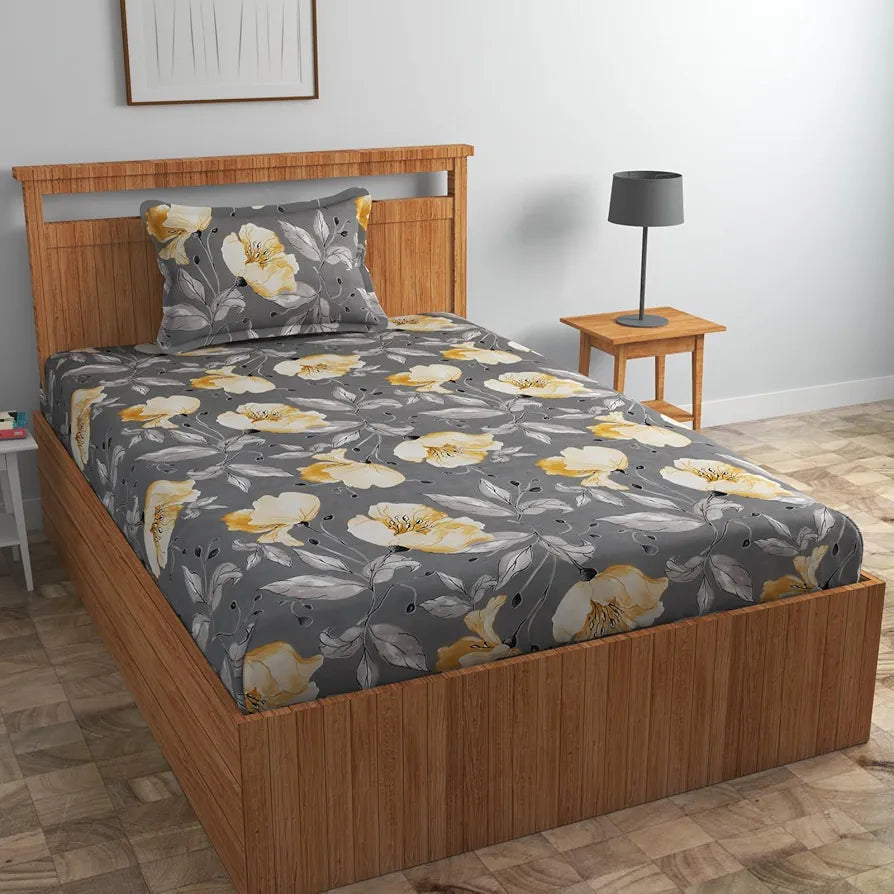 Homefab India 160 TC Glace Cotton Single BedSheet with 1 Pillow Cover Grey Floral