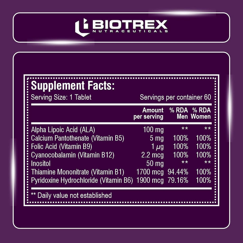Biotrex Nutraceuticals Vitamin B12 With B1, B5, B6, B9(Folic Acid), Alpha Lipoic Acid ALA & Inositol Supplements | Energy Management | Antioxidant | 60 Tablets