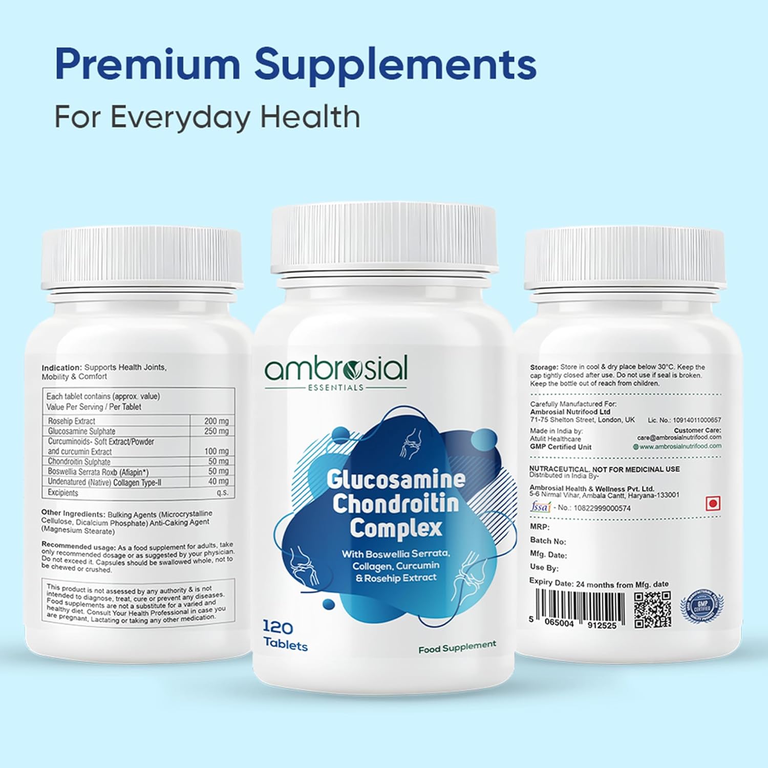Ambrosial Glucosamine Chondroitin Joint Care Supplement with Curcumin, Collagen, Boswellia & Rosehip Extracts | High Strength Glucosamine Chondroitin for High Mobility & Flexibility | 120 Tablets