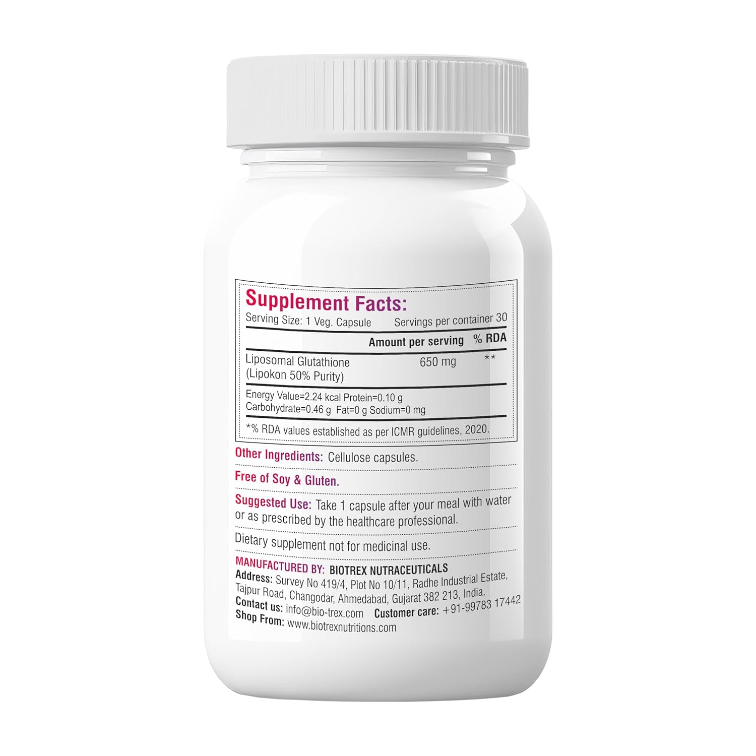 Biotrex Nutraceuticals Liposomal Glutathione Supports Healthy Skin Health, High Purity 50% Lipokon Form - 30 Veg Capsules