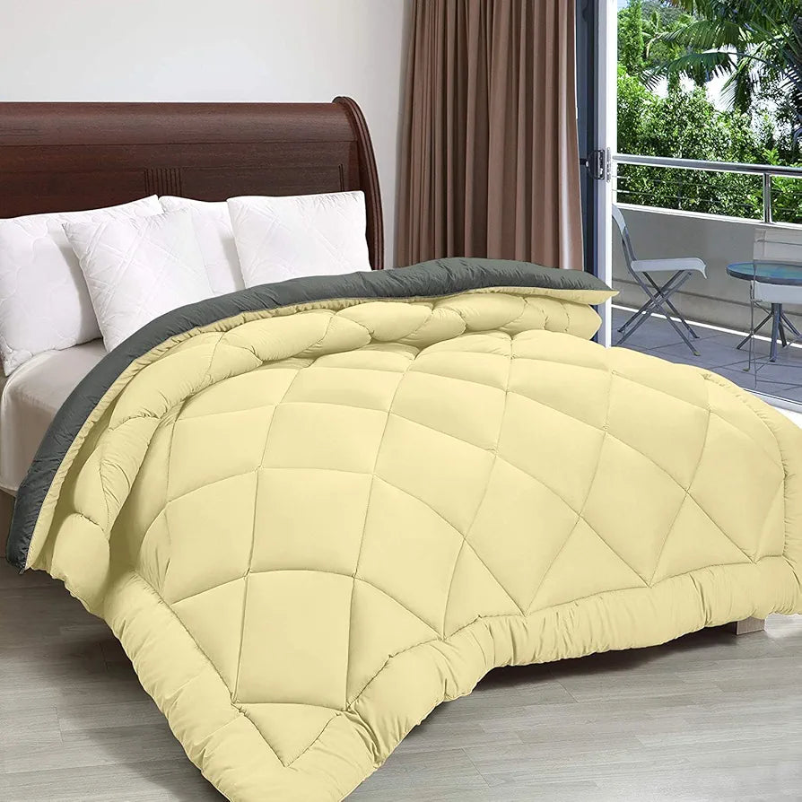 Cloth Fusion Reversible AC Comforter Set Double Bed Soft Microfibre King Size Quilt Blanket for Winter Yellow & Grey