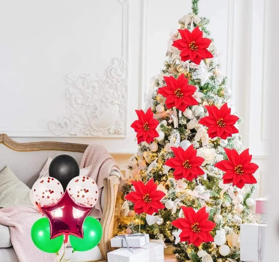 Christmas Poinsettias Red/Gold Velvet Decorative Artificial Flowers of Velvet Christmas Mix Color (Pack of 12)