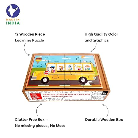 Skillofun Wooden Vehicle Jigsaw Puzzles in a Box 4 Puzzles Storage Box with lid