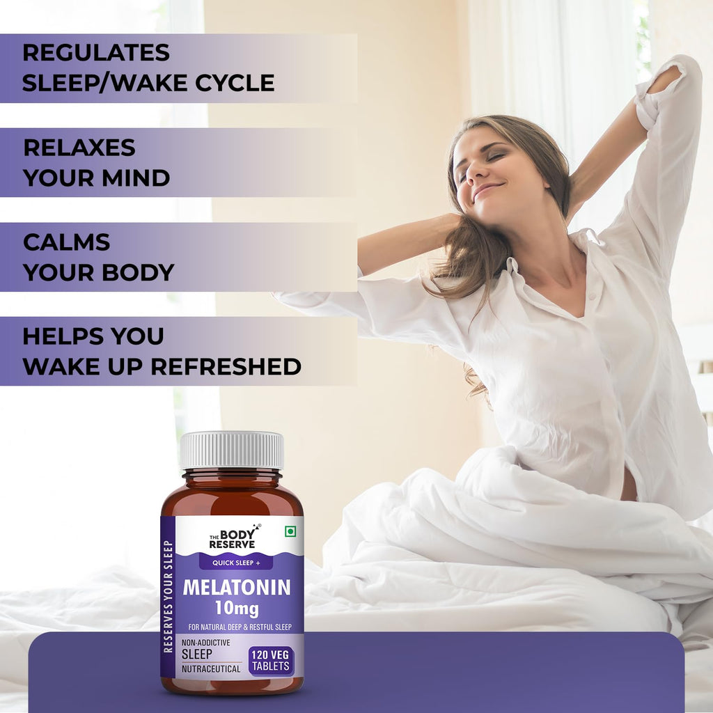 The Body Reserve Melatonin 10mg - 120 Veg Tablets for Sleep Support, Nerve Relaxation, and Stress Relief - Non-Habit Forming for Men & Women