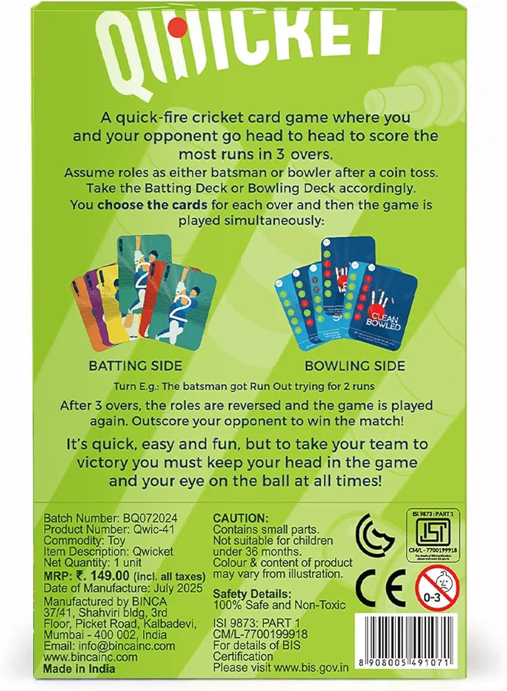 Binca Qwicket Cricket Card Game – Fast & Fun Indoor Cricket Game for Kids & Family