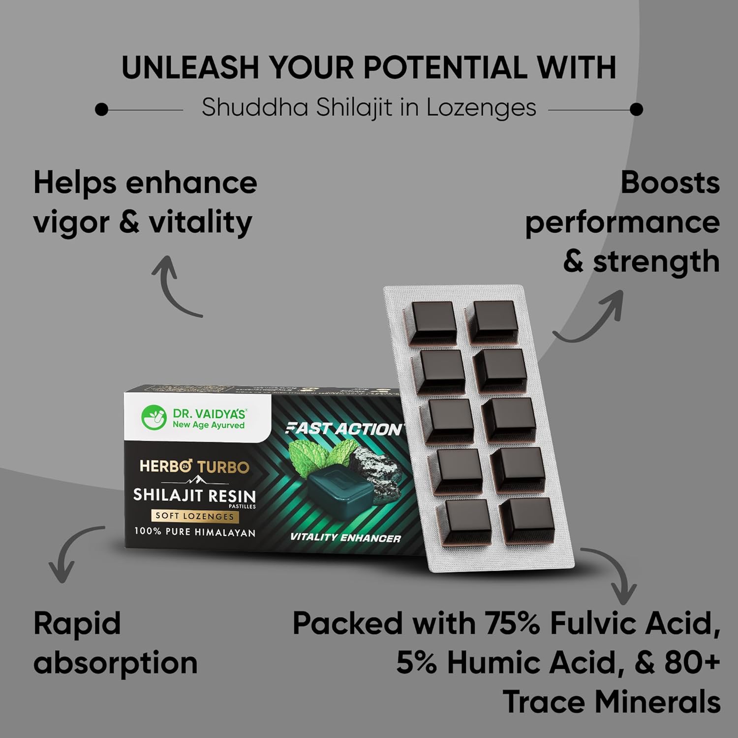 Dr. Vaidyaâ€™s Herbo24Turbo Shilajit Gummies Lozenges (Pastilles) | Helps Boost Performance | Helps Improve Strength, Stamina, and Energy Levels | Pure Himalayan Shilajit | No Added Sugar |30 Lozenges(Mint Flavour)(Pack of 1)