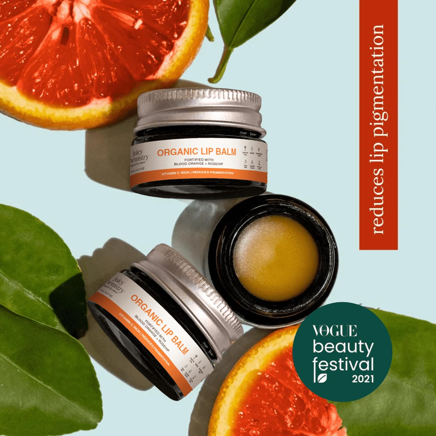 Juicy Chemistry Organic Lip Balm with Blood Orange & Rosehip, 5g | Deeply Moisturising & Brightening Lip Care | Reduces Lip Pigmentation | Dermatologically Tested | 100% Natural | Certified Organic & Cruelty-Free