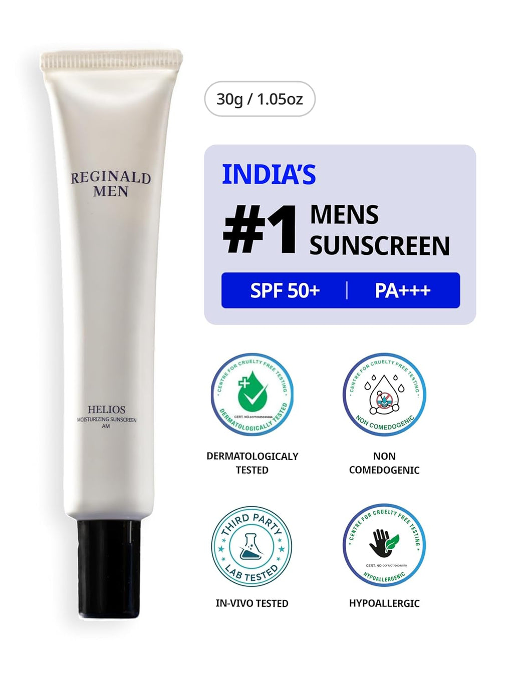 Reginald Men SPF 50+ PA++++ Sunscreen (30g) | In-Vivo Tested | Broad Spectrum UVA/UVB Protection | Brightening & Hydrating | Lightweight, Oil-Free & Non-Sticky | Daily Sun Protection for Men (Pack of 1,30G)