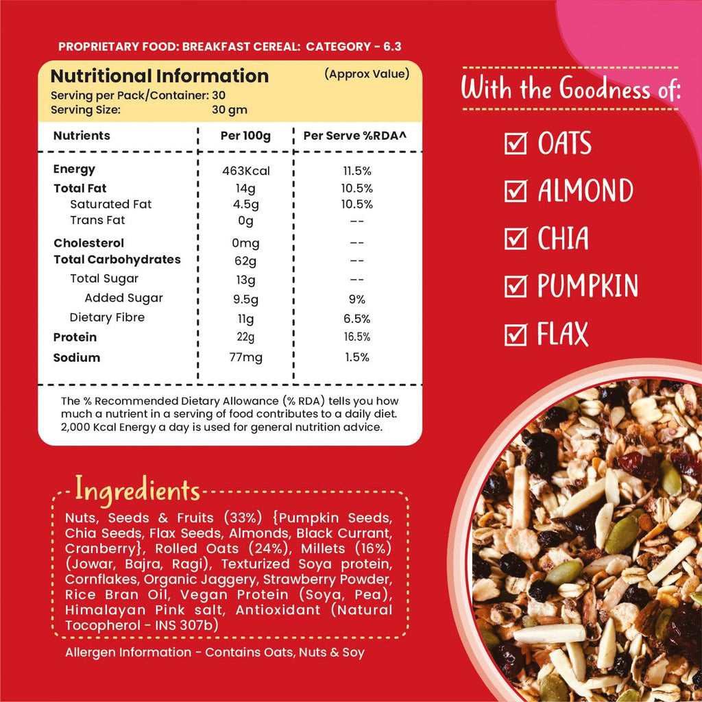 Health Ninja Strawberry Muesli | High Protein Breakfast Cereal | Oats, Almonds, Chia, Flax & Pumpkin Seeds | 900 g (Strawberry)