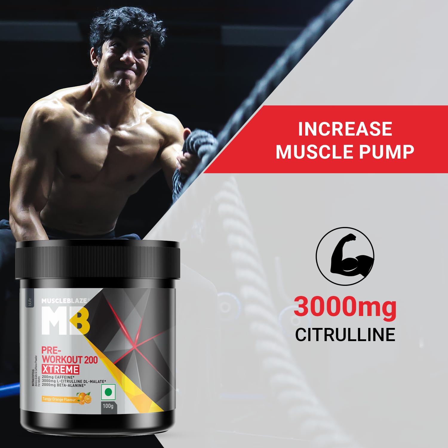 MuscleBlaze Pre Workout 200 Xtreme (Tangy Orange, 15 Servings, 100g) | 200mg Caffeine, 200mg Theanine, 2000mg Beta Alanine, 3000mg Citrulline