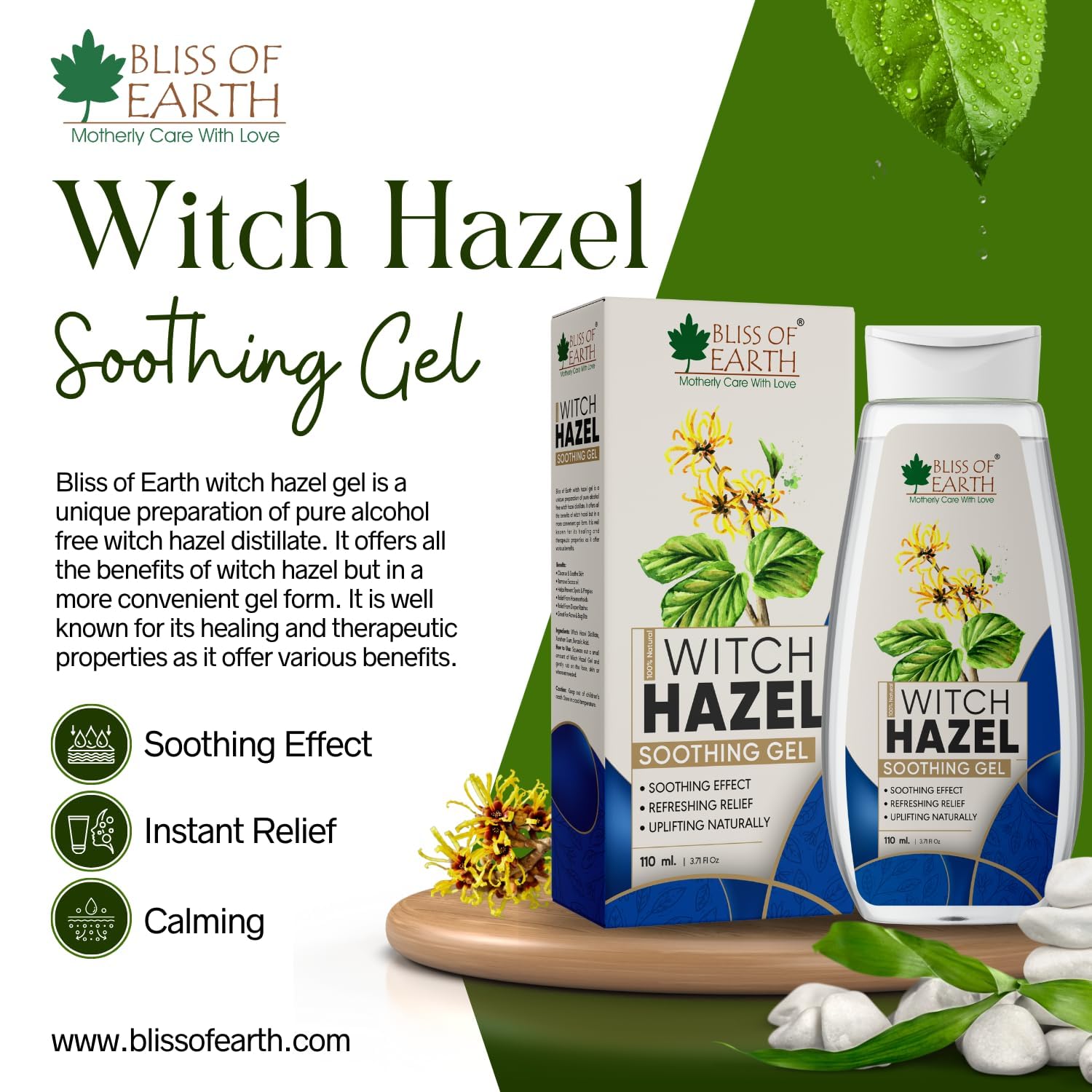 Bliss of Earth Witch Hazel Gel for Hemorrhoids, Diaper Rashes, Postpartum Soothing Relief from Swelling and Discomfort, 110ml