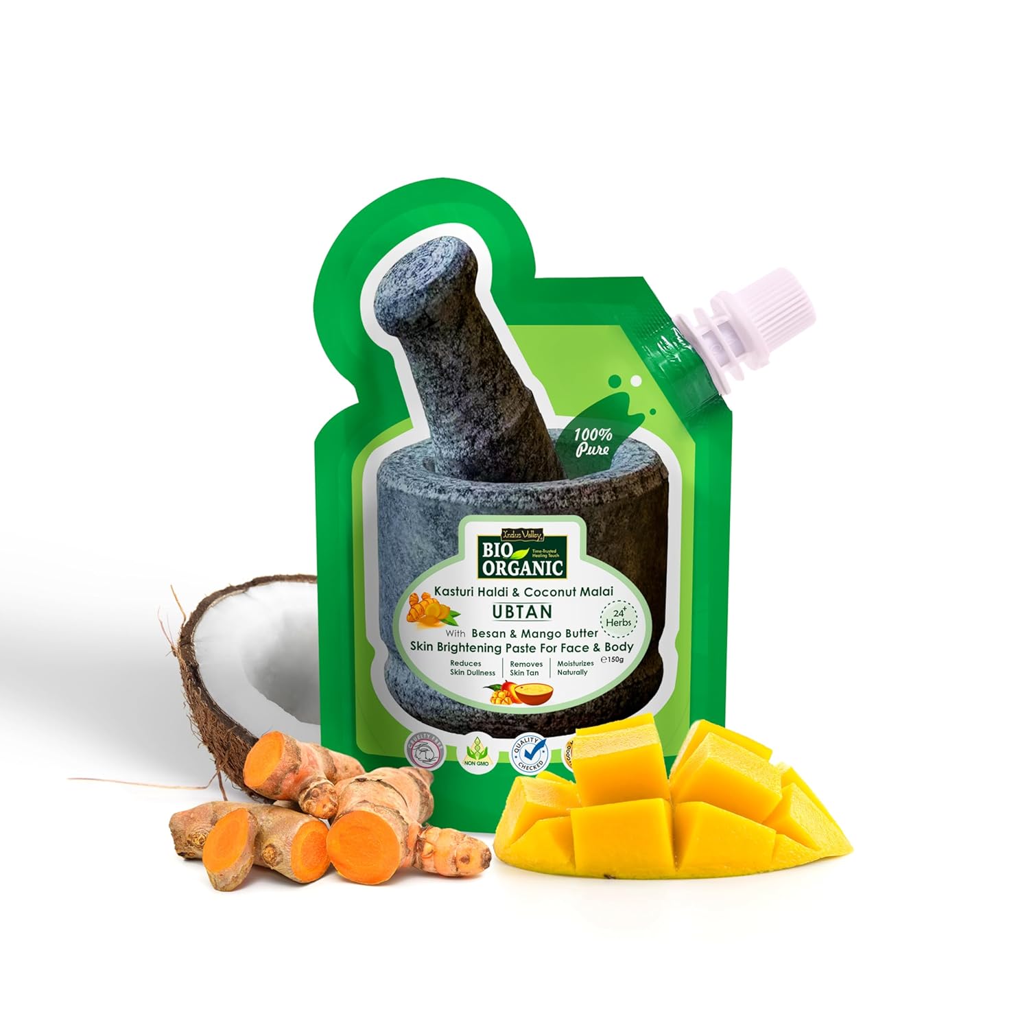 Indus Valley Bio Organic Kasturi Haldi & Coconut Malai Ubtan, Skin Brightening Paste with Besan & Mango Butter for Face & Body