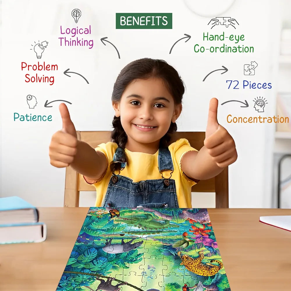 Playqid Glow in The Dark Tropical Rainforest Wild Animals Jigsaw Puzzle for Boys & Girls 72 Piece Floor Puzzle for Age 5 Educational Toy for Kids