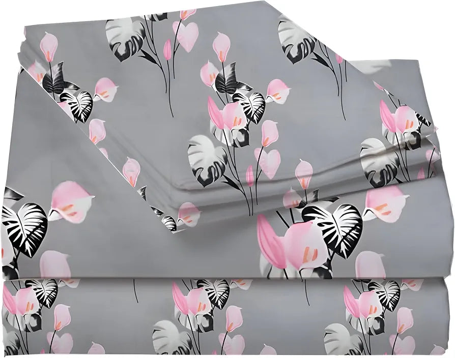 Starnstyle Polycotton 220 TC Floral Printed King Size Double Bedsheet with 2 Pillow Covers Grey Floral