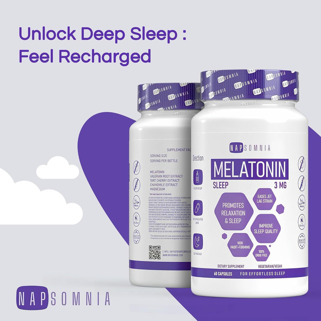 NAPSOMNIA Melatonin for Sleeping for Men & Women - Sleep Melatonin -Valerian Root Extract - Vegetarian 3mg Melatonin 60 Capsules - Sleep Aid for Adults - Deep Sleep Supplements to Ease Jet Lag Strain