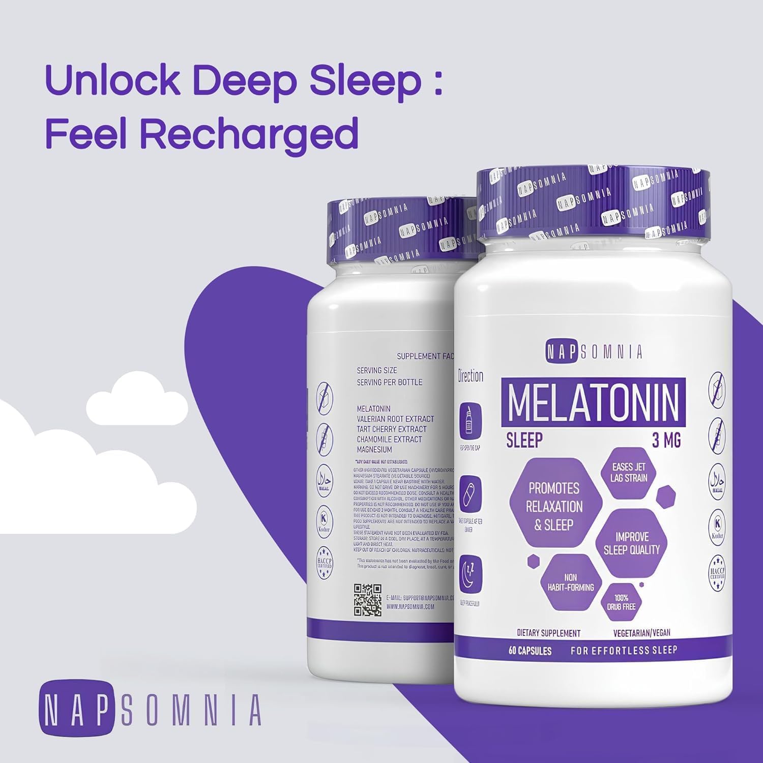 NAPSOMNIA Melatonin for Sleeping for Men & Women - Sleep Melatonin -Valerian Root Extract - Vegetarian 3mg Melatonin 60 Capsules - Sleep Aid for Adults - Deep Sleep Supplements to Ease Jet Lag Strain