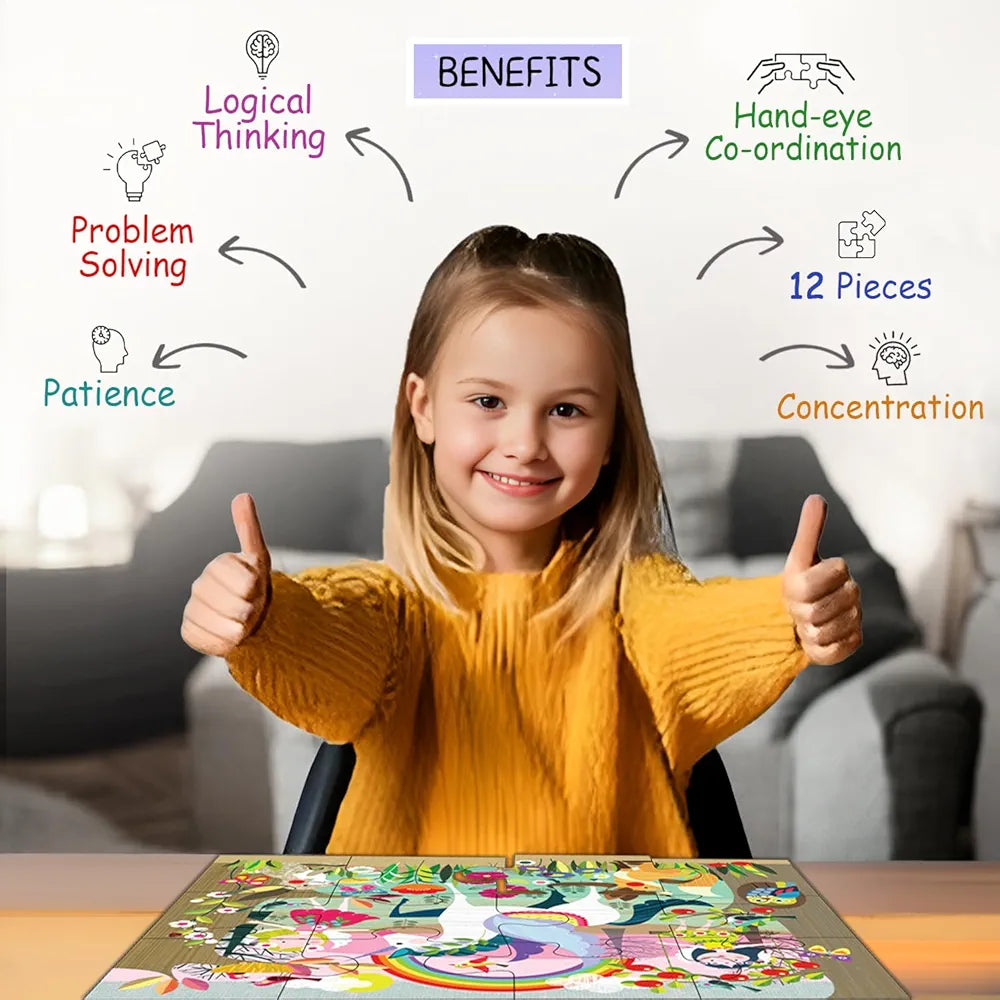 Playqid 12 Giant Pieces Floor Puzzle Unicorn Jigsaw Puzzle for Kids Ages 2+ Enchanted Fairy Tale Theme for Toddlers Educational