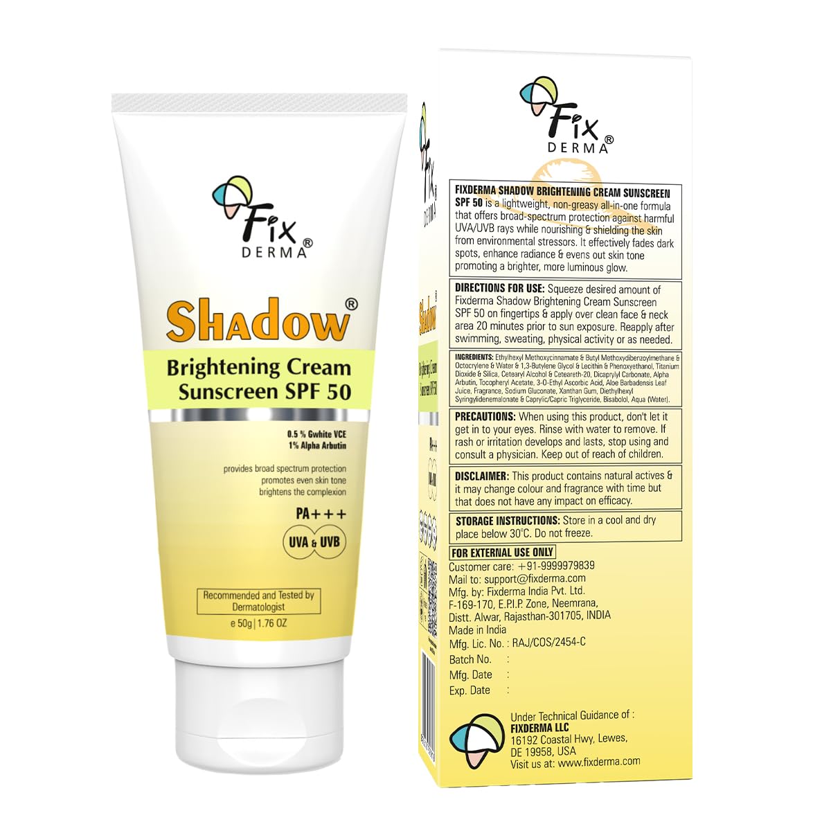 Fixderma Shadow Brightening Sunscreen SPF50 PA+++ with 1% Alpha Arbutin | UVA/UVB, Broad Spectrum Protection | Reduce Tan & Brightens the Complexion | Lightweight, No White Cast, All Skin Type - 50GM