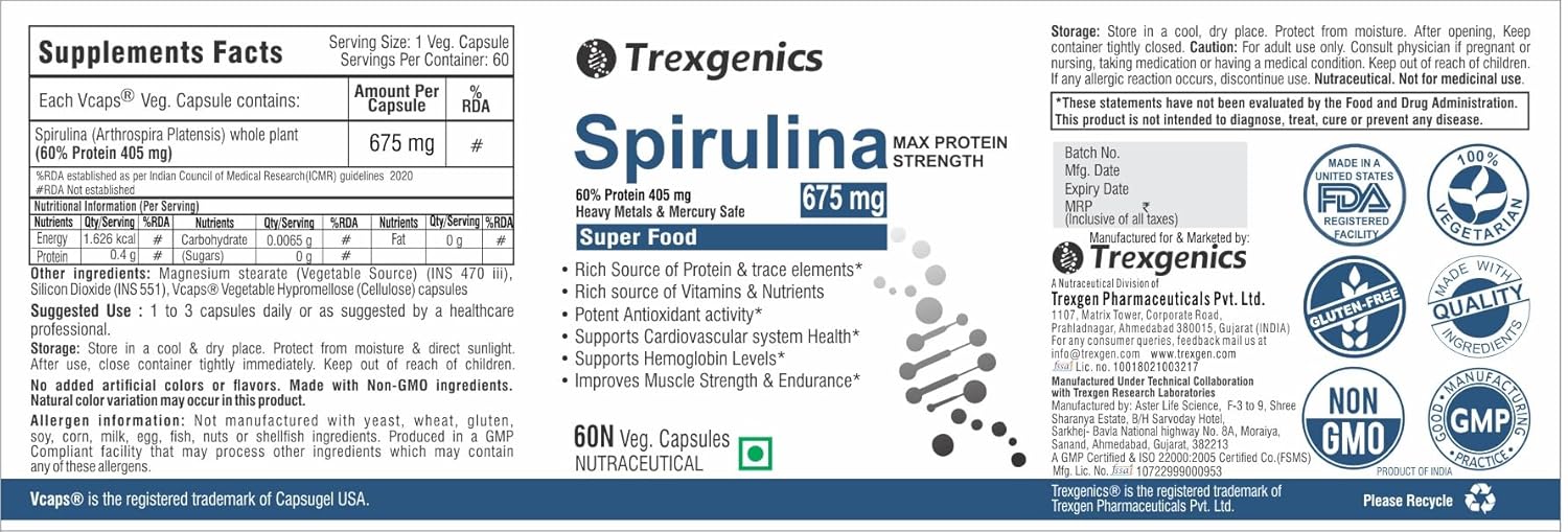 Trexgenics SPIRULINA 675 mg MAX Strength Protein 60%, Super Green Food (60 Vcaps) (1)