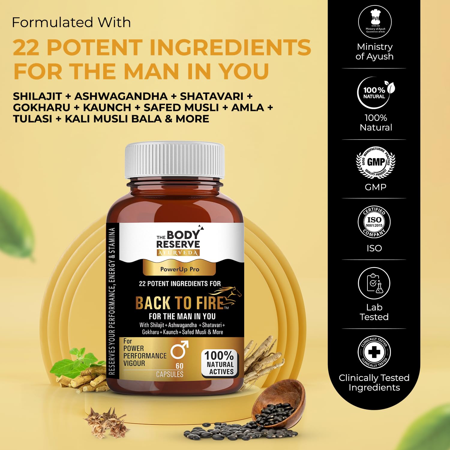 The Body Reserve Back To Fire Capsules for Men | 22 Ayurvedic Herbs For Stamina, Strength & Vitality Support with Ashwagandha & Shilajit | 60 Veg Capsules