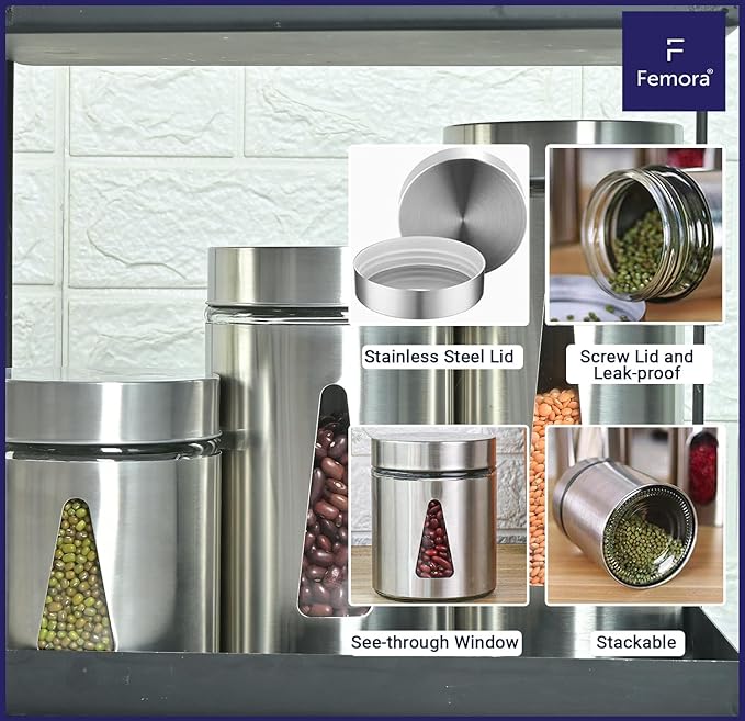 Femora Kitchen Storage Jars Steel Finish With See Through Window Jar | 1300 Ml | Pack of 1
