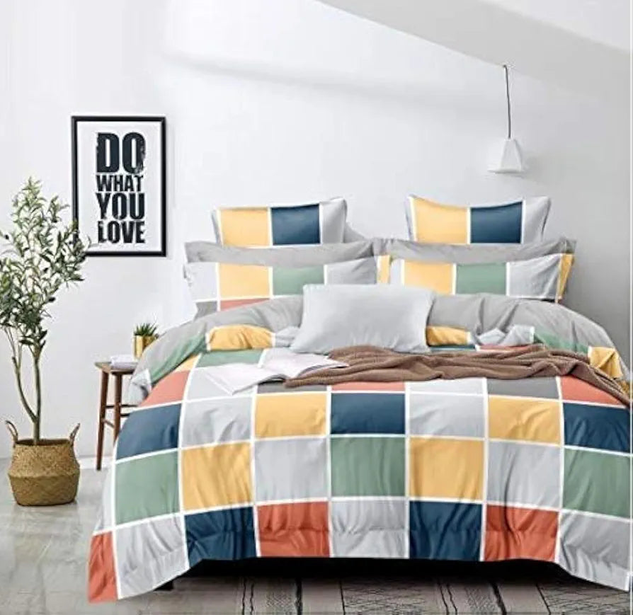 The Home Style Cotton Feel Glace Cotton Checkered Printed King Size Double Bed Bedsheet With 2 Pillow Cover 300 TC Vibrant Checks