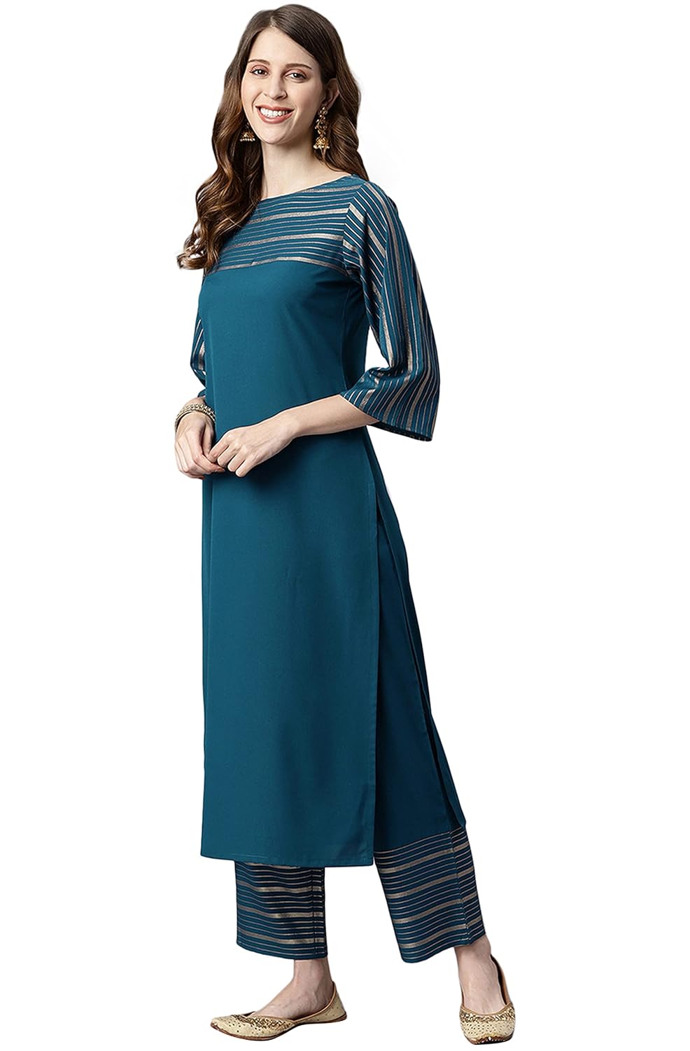 Janasya Women's Teal Poly Crepe Striped Kurta with Palazzo