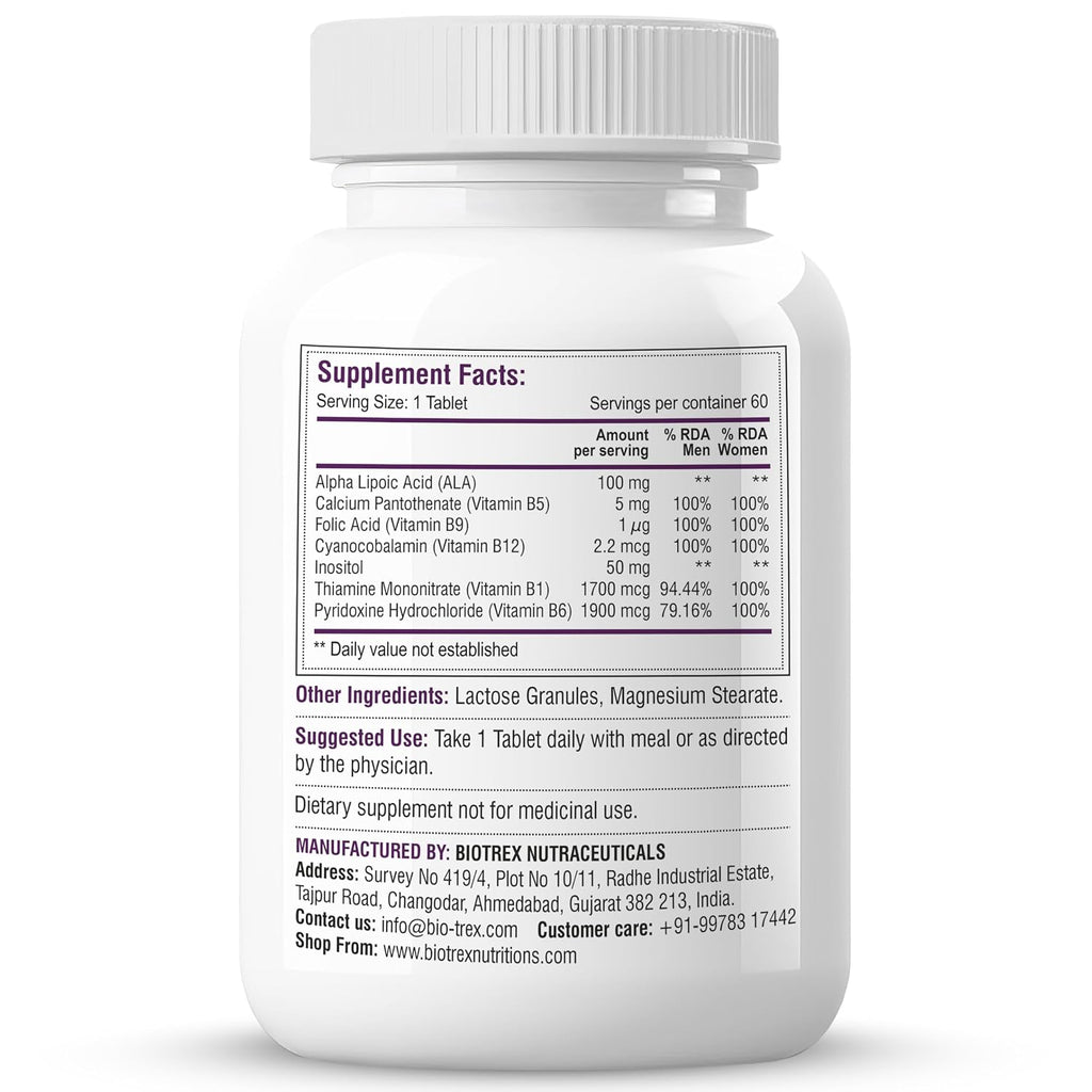 Biotrex Nutraceuticals Vitamin B12 With B1, B5, B6, B9(Folic Acid), Alpha Lipoic Acid ALA & Inositol Supplements | Energy Management | Antioxidant | 60 Tablets