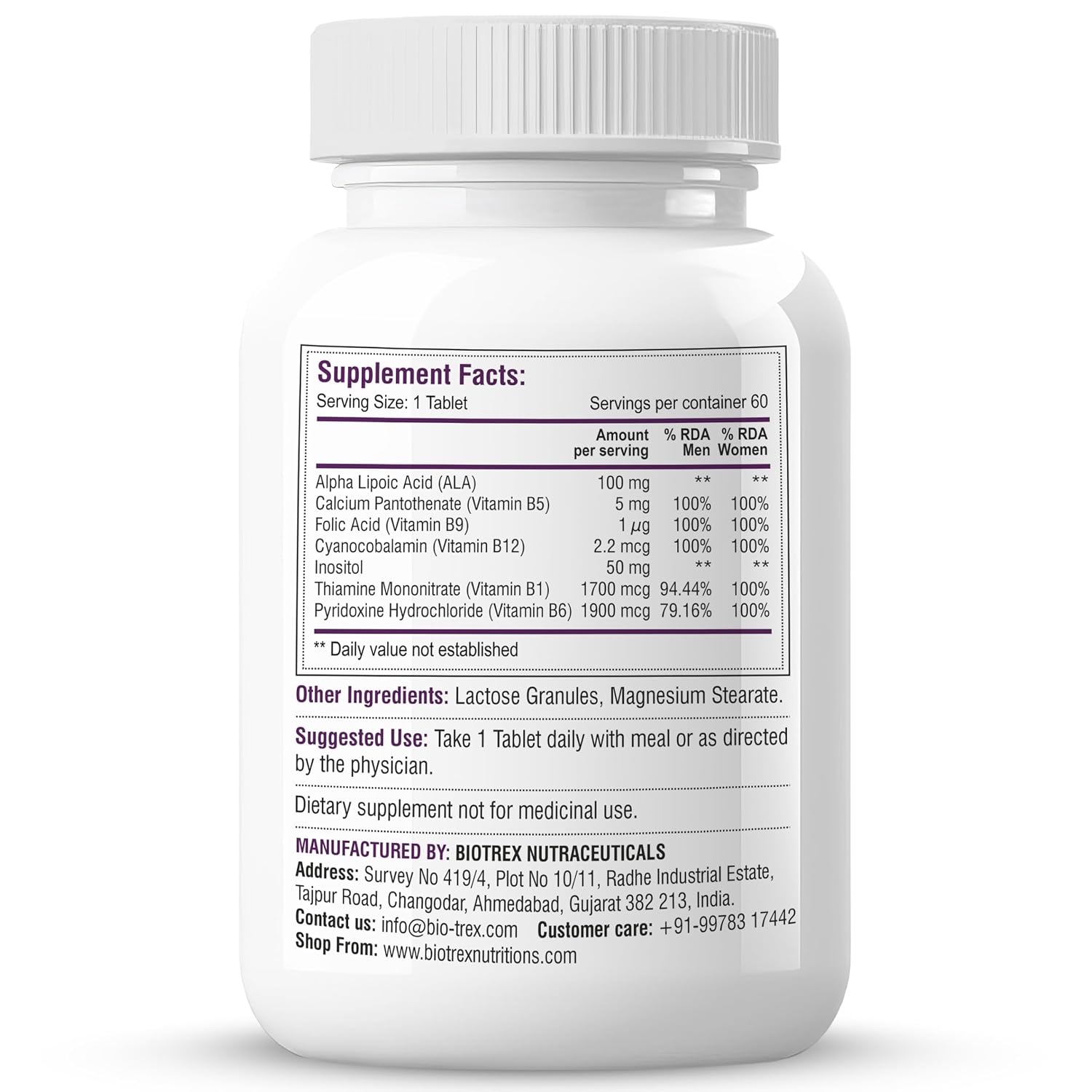 Biotrex Nutraceuticals Vitamin B12 With B1, B5, B6, B9(Folic Acid), Alpha Lipoic Acid ALA & Inositol Supplements | Energy Management | Antioxidant | 60 Tablets