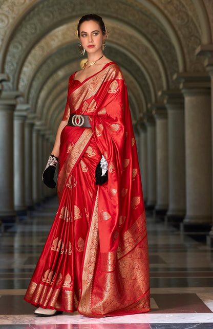 Anaita Red Silk Tissue Zari Weaving Work Saree With Blouse Piece