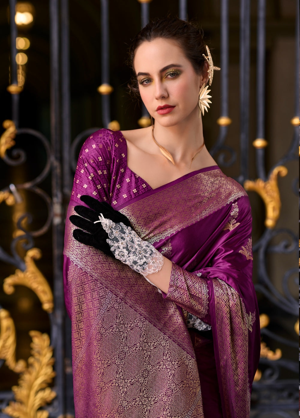 Anaita Violet Silk Tissue Zari Weaving Work Saree With Blouse Piece