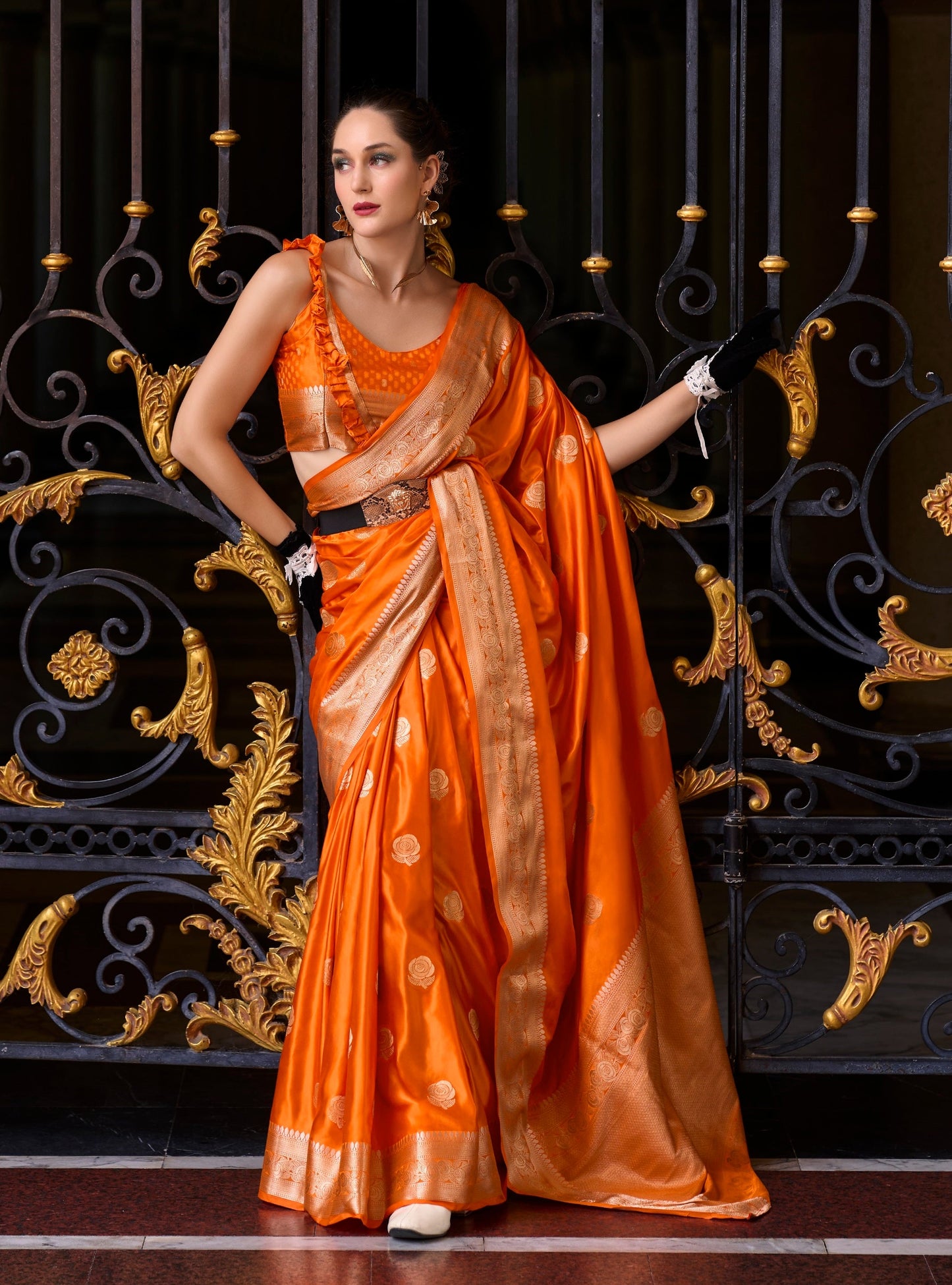 Anaita Orange Silk Tissue Zari Weaving Work Saree With Blouse Piece